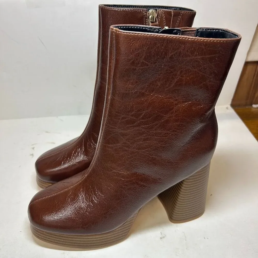 Guess Womens 7.5 M Medium Brown Leather Danca Platform Ankle Boots NIB RZ9
